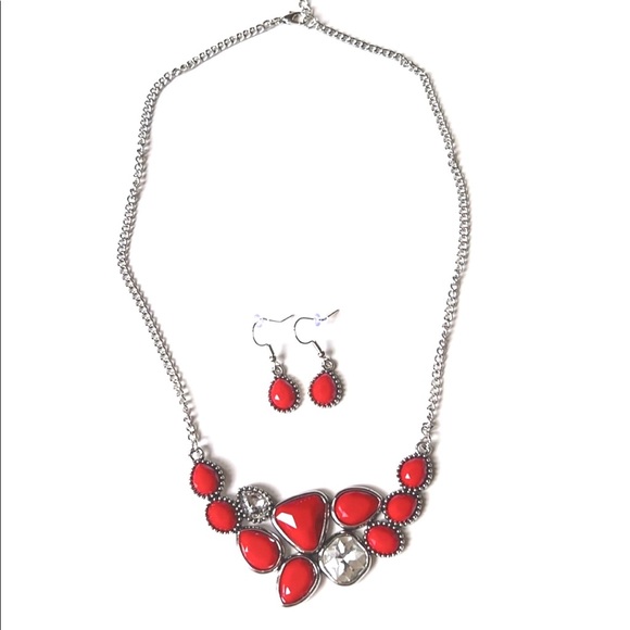 NWOT Red w/Diamonds Accent Necklace & Matching Earrings - Picture 1 of 3